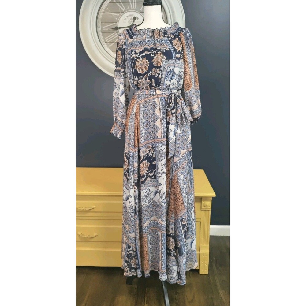 Kate and Lily Maxi Dress Women’s 6 Terracotta Blue Patchwork Design Cottage L54"